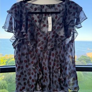 ❌ SOLD ❌ NWT J. Crew Blue and Red Blurred Cherry Sheer Flutter Sleeve Blouse